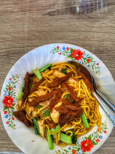 Tofu wie Fleisch, gelbe Nudeln in Pak Naam Chumphon Thailand